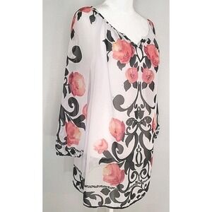 JM Collection Sheer Floral Rhinestone Tunic Blouse Women's Medium Vacation Top